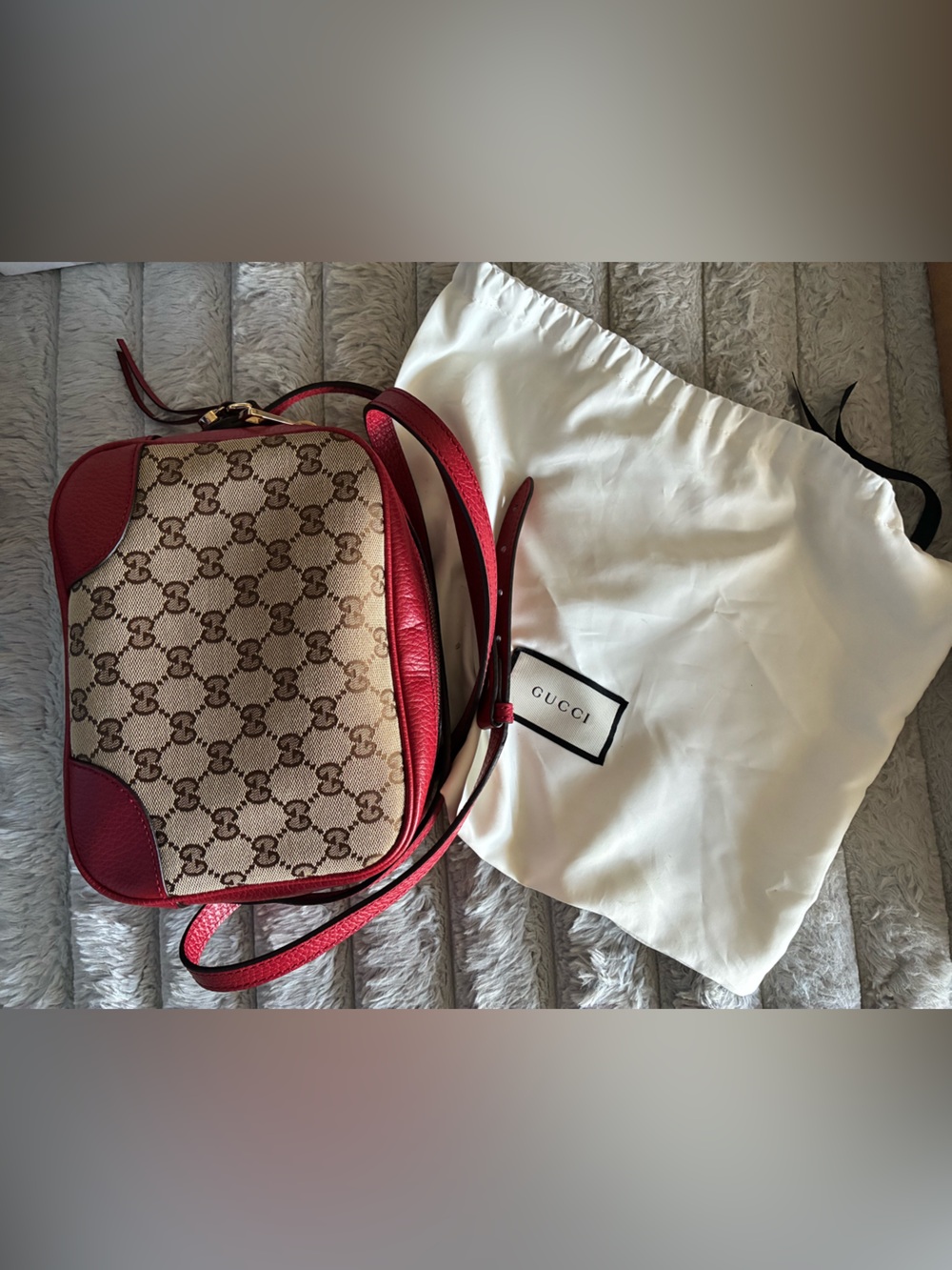 Gucci Beige GG Canvas Crossbody with Red Leather Trim